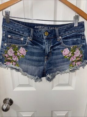 American Eagle Outfitters Blue Denim Shorts with Pink Floral Embroidery